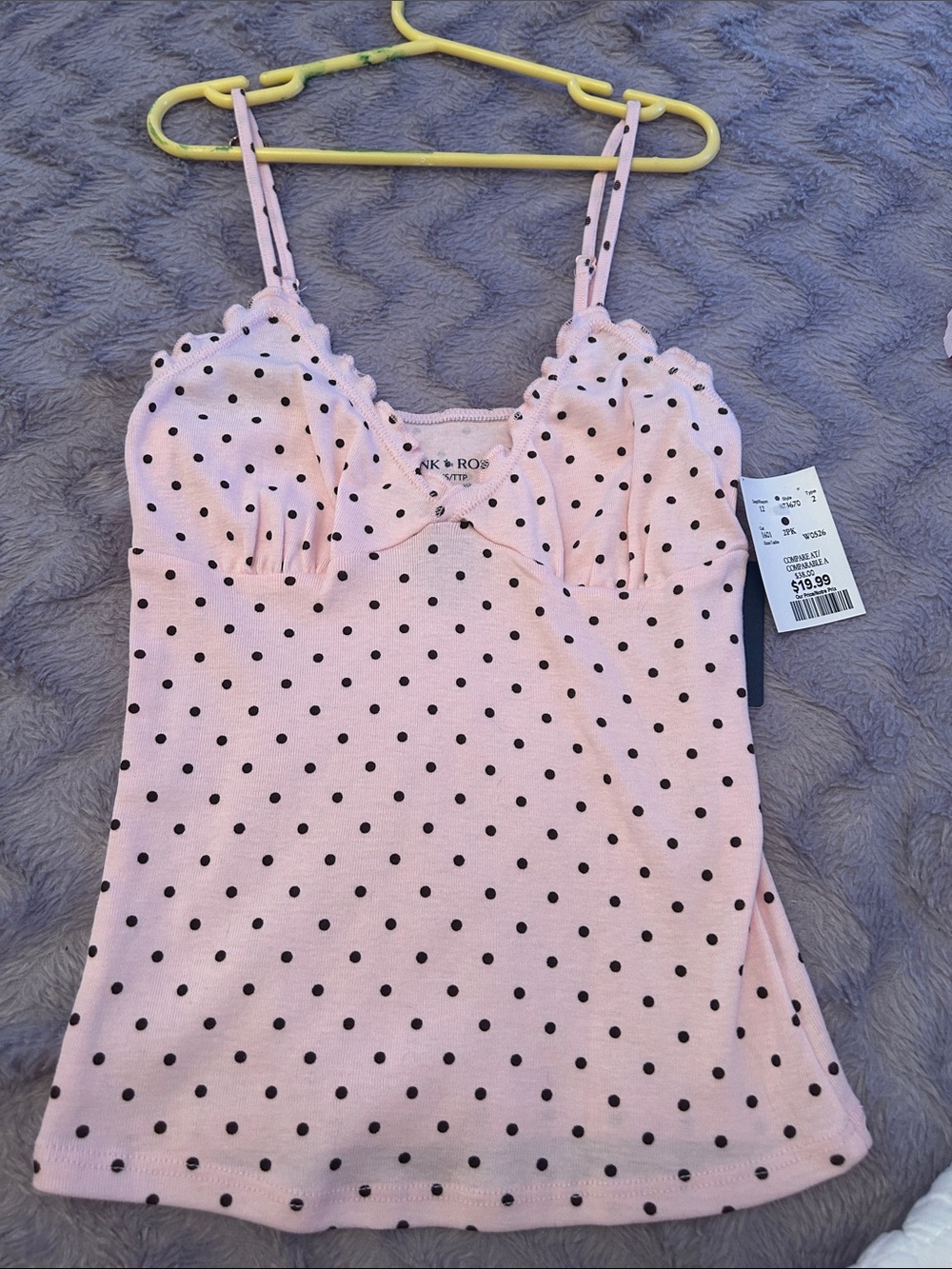 Pink Rose Pink and Black Polka Dot Spaghetti Strap Camisole